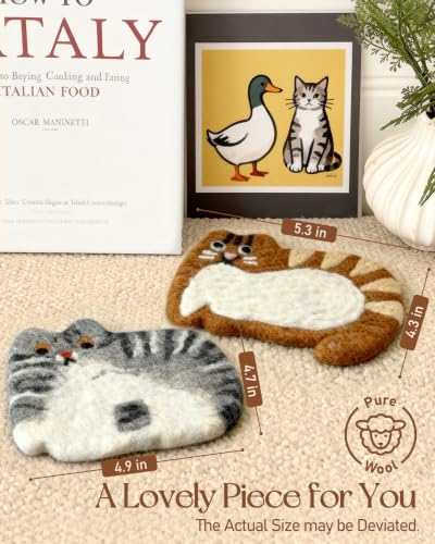 Kokaaee Cow Cat Felt Coaster - Wool Table Mat for Drinks, 1pc