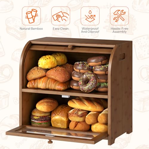 Brown Bamboo Bread Box for Kitchen Countertop, 2-Tier Roll-Top Food Storage