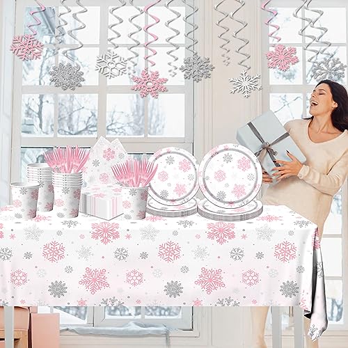 Pink Snowflake Winter Wonderland Disposable Party Tableware Set 142pcs