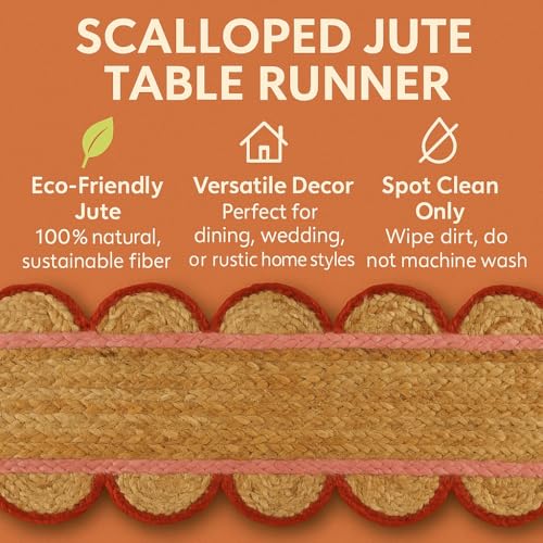 Madhu International Handwoven Jute Table Runner 13x48 Inch with Pink & Red Border, Scalloped Edge, Farmhouse & Boho Decor