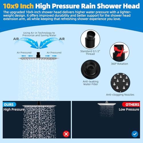 Hibbent Square 10'' Matte Black Metal Rain Shower Head & Handheld Combo
