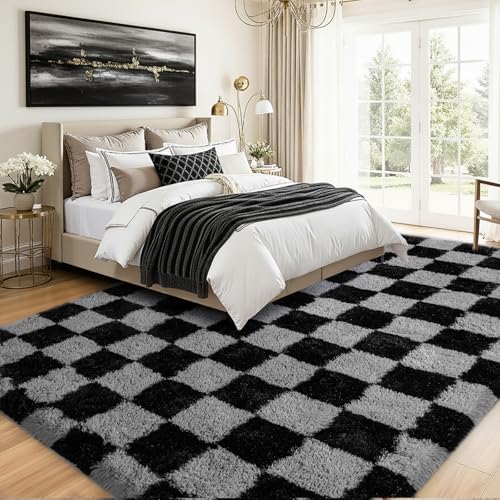 Rezutan Black Grey Checkered 8x10 Feet Soft Plush Shag Rug for Bedroom & Living Room
