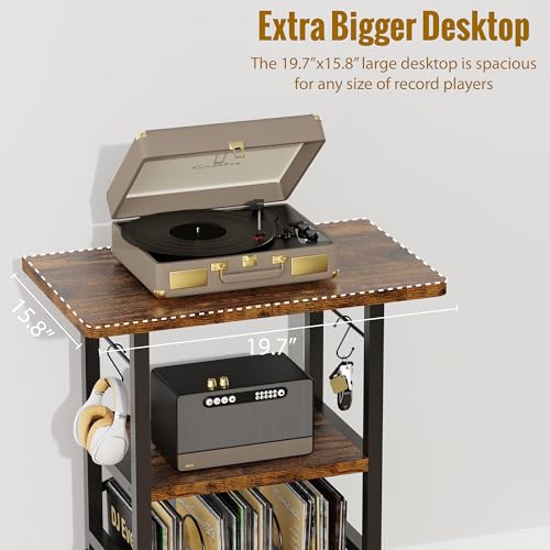 Record Player Stand with Vinyl Storage and Extended Desktop - Rustic Brown