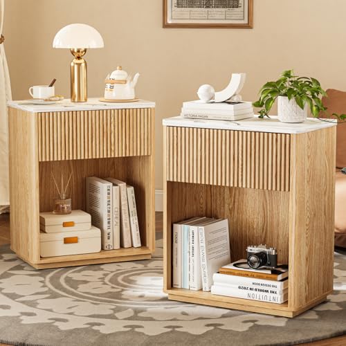 Oak Fluted Nightstand Set of 2 with Marble Top & Drawer - Modern Bedside Tables