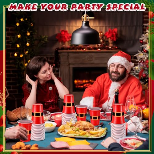 Baderke 16oz Christmas Plastic Cups with Santa Belt Design - Pack of 100