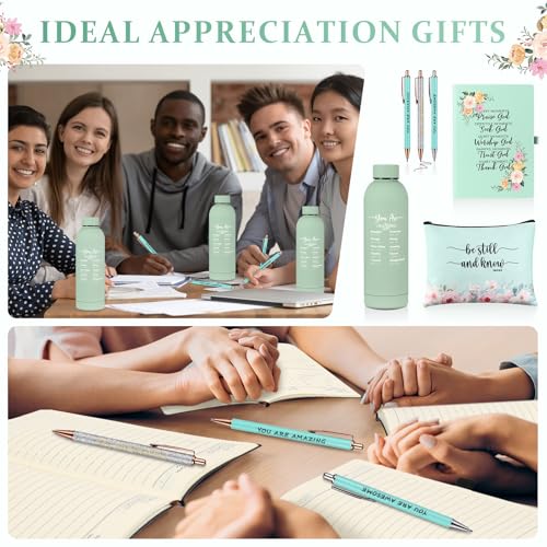 LemonRoad Green 6-Piece Christian Gift Set: 17oz Stainless Water Bottle + Cosmetic Bag, Notepad & Pens