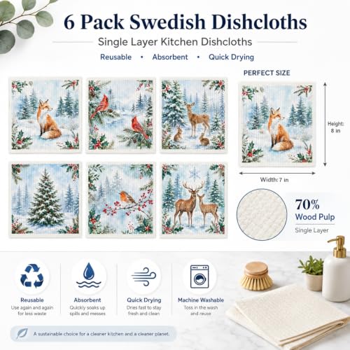 CRYSFIY 6 Pack Christmas Swedish Dishcloths B-multicolor Xmas Winter Woodland Designs, Reusable Kitchen Cloths