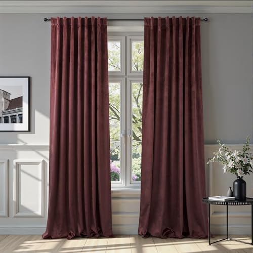 Pitalk Ruby Wine Velvet Curtains 52x84 Inches, 2 Panels, Dark Purple - Insulated Darkening Drapes for Living Room & Bedroom