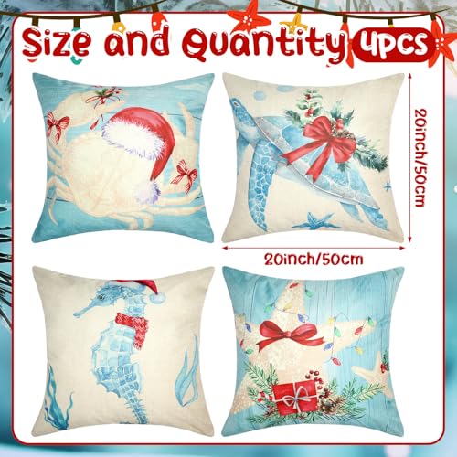 4 Pcs Christmas Sealife Coastal Pillow Covers Coastal Christmas Decoration Linen Throw Pillow Covers Sea Ocean Nautical Decorative Pillowcase for Couch Outdoor Sofa Living Room (20 Inch)