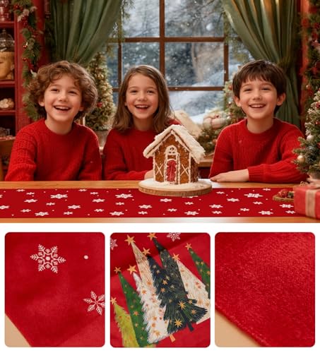 Christmas Table Runner Snowflakes & Tree Red 13"x72" Xmas Home Decor