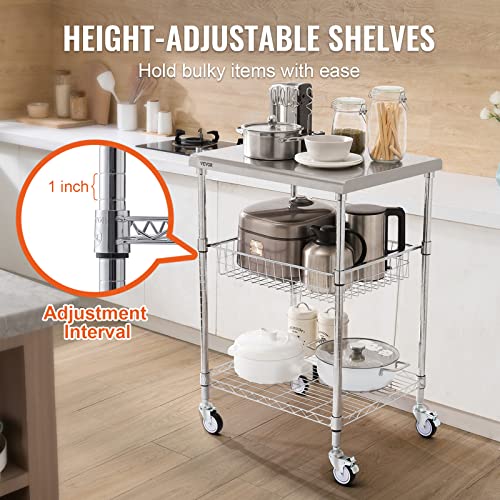 Utility Cart with Drawers - 24"D x 20"W x 36.6"H, 3 Tiers Steel Stationary & Rolling Storage