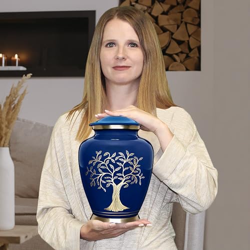 Blue Tree of Life Cremation Urn for Adults - Handcrafted Aluminum Memorial with Threaded Lid