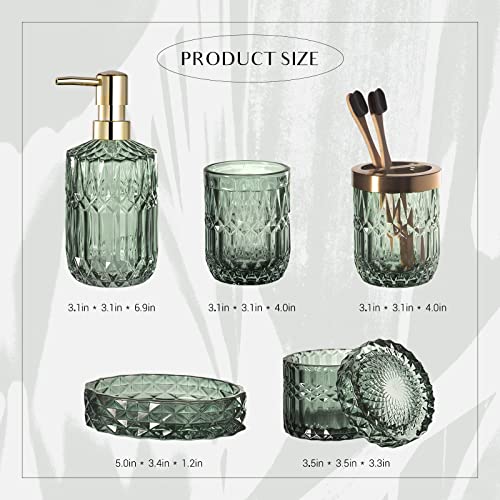 EMPO 6-Piece Green Glass Bathroom Accessories Set - Soap Dispenser, Toothbrush Holder, Soap Dish, Tumbler & Cotton Swab Jar