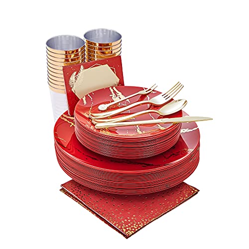 Disposable Dinnerware Set - 225 Pieces Red & Gold Plastic Plates for Hibachi & Asian-Themed Parties - Variation: Gold / 225PCS