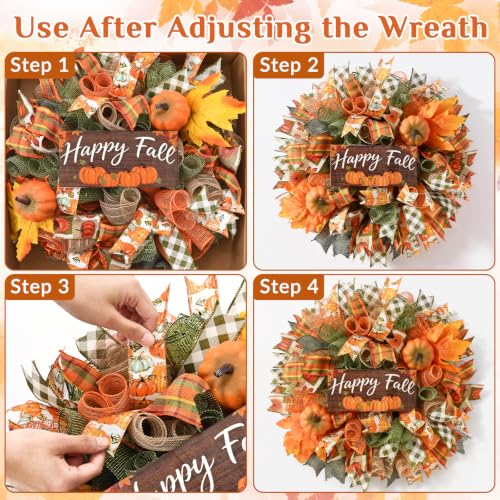 Autumn Fall Wreath for Front Door 20-Inch Mesh Bow with Wood Sign - Orange Green Variation