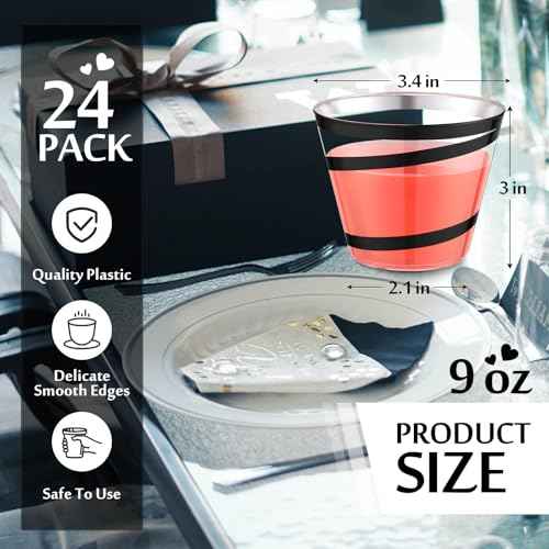 Gejoy 9 oz Rimmed Swirl Plastic Cups Disposable Wine Drinking Cups Clear Elegant Halloween Tumblers for Christmas Party Supplies(Black,24 Pcs)