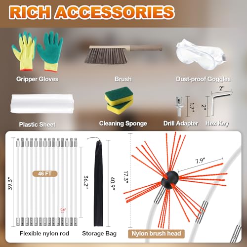 46FT Bluesea Chimney Sweep Kit with Strong Nylon Brush & 14 Flexible Rods
