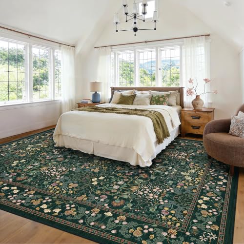 Amada Floral Washable Area Rug 8x10 Dark Green - Non-Slip, Durable, Soft