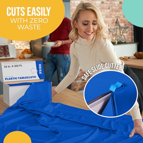 Dark Blue Plastic Rectangular Tablecloth Roll - 54x300 Inches, 300 Feet, All-Season, With Cutter - Variation of THIS listing
