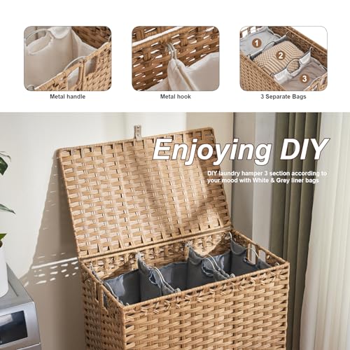 Laundry Hamper with Lid, 190L Large Basket 3 Section 6 Removable