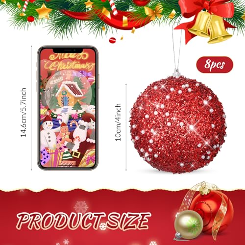 Libima 8-Pack 4 Inch Red Christmas Ball Ornaments Glitter Holiday Decor