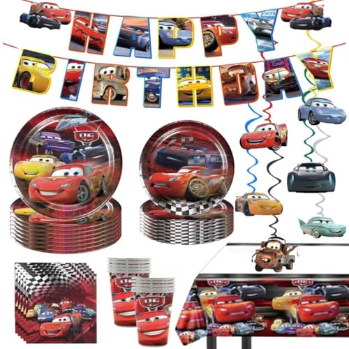 Cars Theme Birthday Party Supplies Set with Plates Cups Utensils Napkins & Tablecloth
