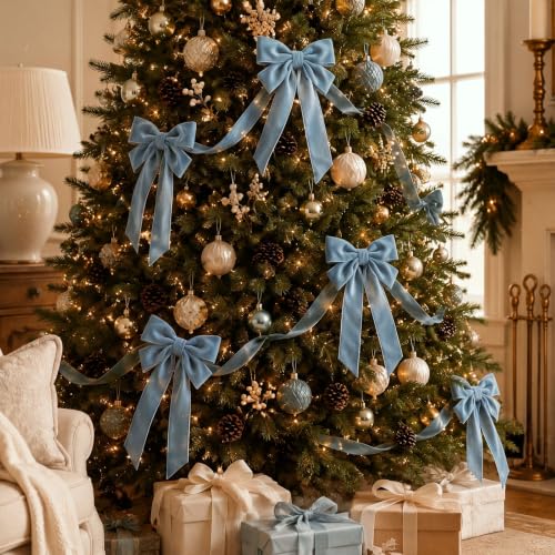 Dusty Blue Velvet Christmas Bow Garland 10 ft for Mantle Decor, Holiday Home Decoration