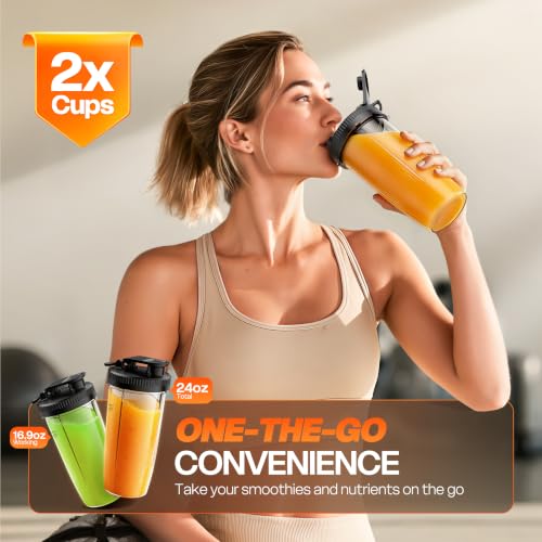 Turelar Silver Grey Smoothie Blender with 2 16.9oz To-Go Cups - Portable Personal Blender for Shakes & Smoothies