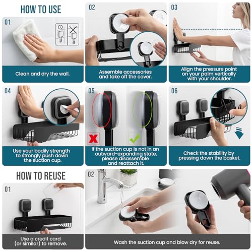 TAILI Black Shower Caddy 2-Pack Suction Cup Rustproof Metal Wall Shelves