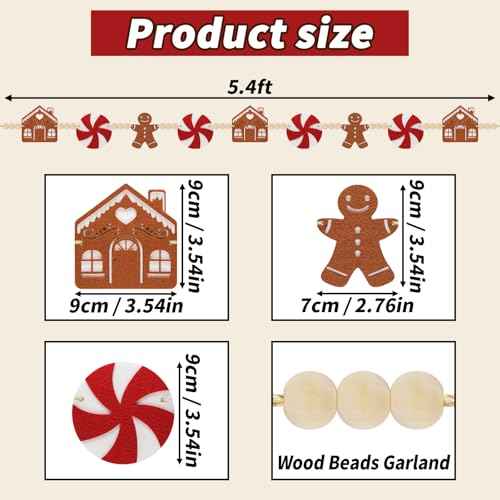 6Ft Christmas Garland - Felt Jinglebread Man & House with Wood Beads - Perfect for Indoor Decorations & Party Supply