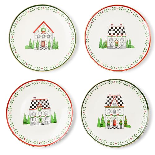 MacKenzie-Childs Holly Village Ceramic Dessert Plates Set of 4