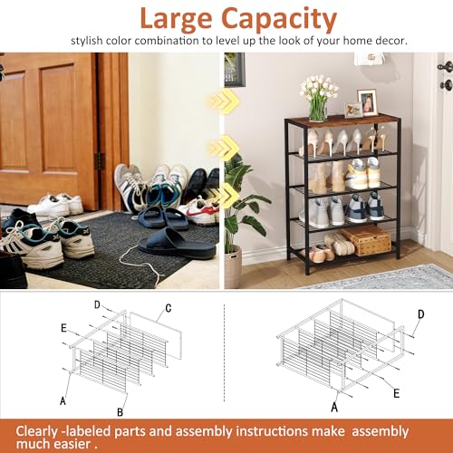 HOMEFORT Rustic Brown 5-Tier Shoe Rack with MDF Top Shelf, Fits 3 Pairs per Tier - Entryway Organizer, Compact Storage Shelf (11.8"D x 23.23"W x 32.68"H)