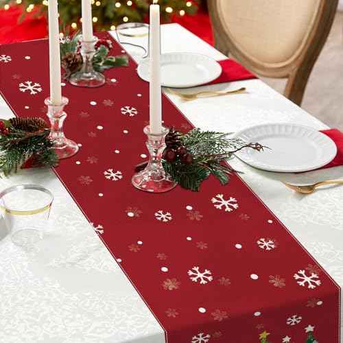 Christmas Table Runner 13x72 Inch, Red Snowflakes Pine Tree Table Decors for Seasonal Winter Xmas Holiday Home Kitchen Dining Party Indoor Outdoor