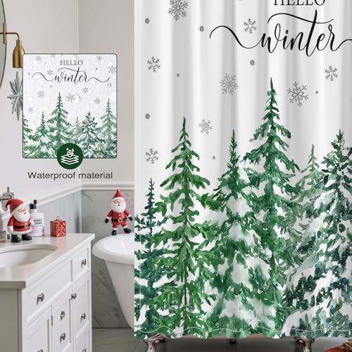 Mocsicka Winter Christmas Shower Curtain 72 x 72 in – Snow Scene Pine Trees, Waterproof Polyester
