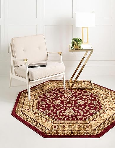 Octagonal Area Rug 7'11 x 7'11 Red Gold Oriental Classic Design - Voyage Collection Variation