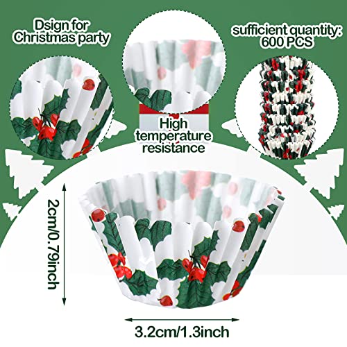 Funtery 600 Pcs Christmas Holly Cupcake Liners Mini Muffin Baking Cups