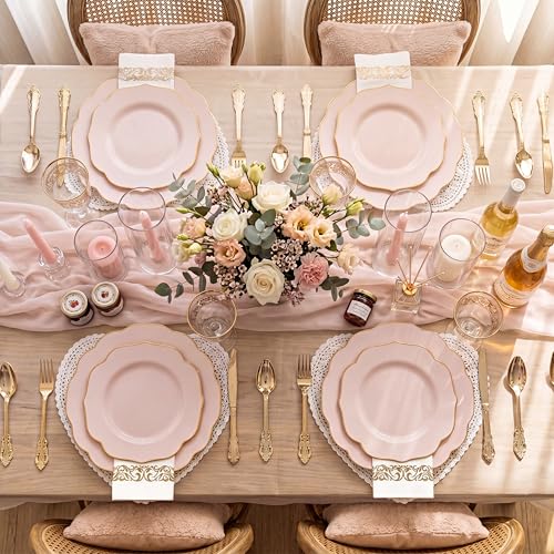 Pink 175-Piece Disposable Party Set with Gold Cutlery & Napkins - 25 Guests
