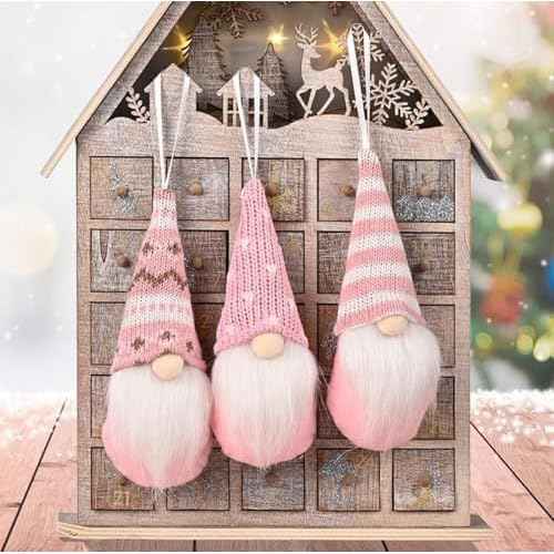 3PCS Christmas Ornaments Hanging Christmas Gnomes Ornaments Swedish Handmade Plush Gnomes Santa Elf Hanging Christmas Tree Decorations Holiday Xmas Decorations Home Christmas Decor (Pink)