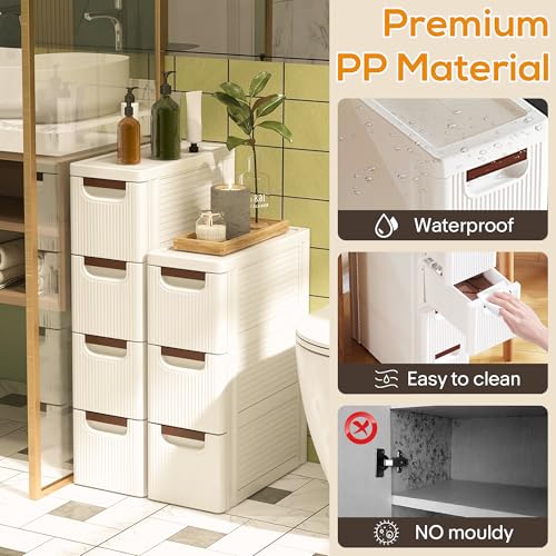 4-Drawer Slim Bathroom Storage Cabinet - Narrow Rolling Cart Organizer, White, 7.5x16.5x28.9 inches