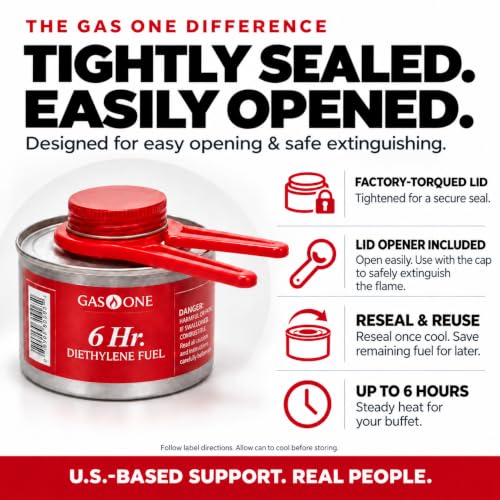 Gas One 24 Pack 6-Hour Chafing Fuel Cans for Food Warmers - Reusable Liquid Safe with Wick & Lid Opener