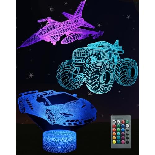 Car Monster Truck Plane Night Light for Boys Bedroom, 3D Illusion Lamp 3 Patterns 16 Colors Changing Dimmable Room Decor, Touch & Remote Control, Christmas Birthday Toy Gift Toddler Kid Teen