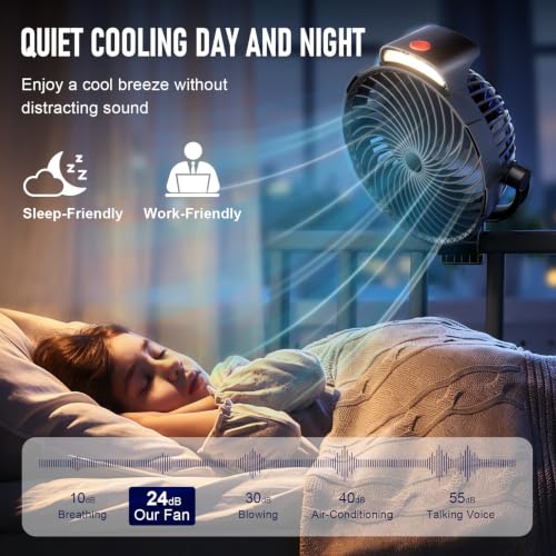 Gentsvip Black 8-Inch Rechargeable Clip-On Fan with LED Light, 9-Speed, 360° Rotation, 30H Battery