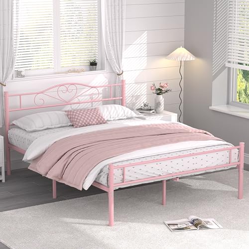 Pink Queen Size Metal Bed Frame with Headboard & Footboard - Heavy Duty, No Box Spring Needed, 14 Inch