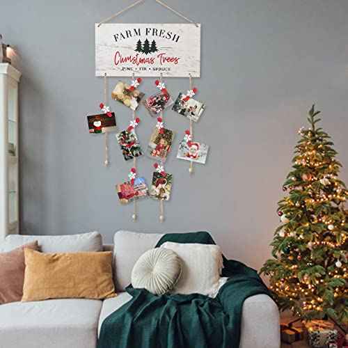 Christmas Card Holder Farm Fresh Wall Hanging Card Display Picture Holder with 30pcs Snowflake Wooden Clips for DIY Christmas Cards Photos Craft Home Office Wall Decor