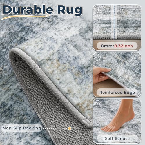 6x9 Washable Area Rug - Abstract Neutral Non Slip Indoor Carpet for Dining & Bedroom - Multi Blue