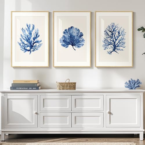 Cuspin 3-Piece Coastal Ocean Blue Coral Wall Art Set 16x24 Inches with Mat