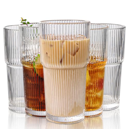 Large 20oz Ribbed Glass Tumbler Set - Vintage Clear Drinkware for Water, Iced Coffee, Beer, Tea, Latte - Housewarming Gift