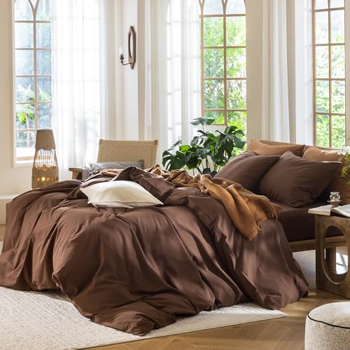 MooMee Duvet Cover Set Queen - 100% Washed Cotton Linen Look Cocoa Brown Variation