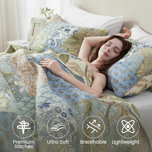 Queen Size Bohemian Floral Cotton Quilt Set with Pillow Shams - Reversible Bedspread for All Seasons, Soft Lightweight Patchwork Bedding by NEWLAKE