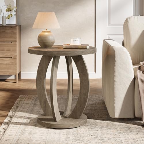 Round End Table with Storage - Rustic Grey Side Table, MDF, 23.6 Inch